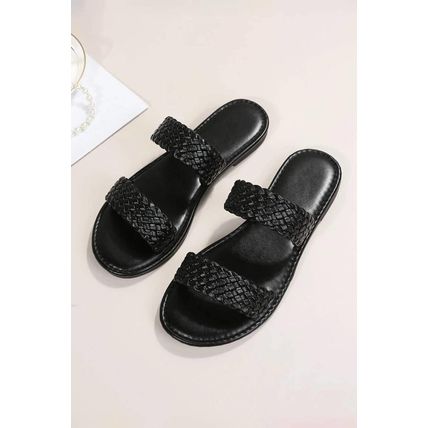 Black Braided Double Band Leathered Flat Slippers