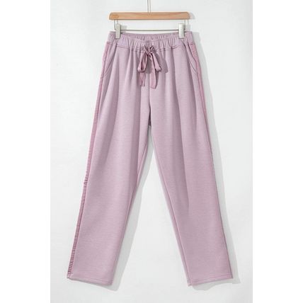 Orchid Petal Drawstring Waist Satin Stripe Patch Straight Leg High Waist Pants