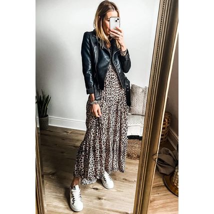 Apricot Leopard Print Tiered Wide Sleeve Maxi Dress