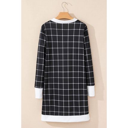 Black Plaid Colorblock Edge Open Cardigan with Pocket