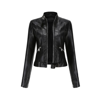 Black Faux Leather Snap Button Stand Neck Zipped Pocket Jacket
