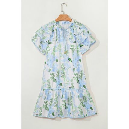 Sky Blue Floral Contrast Edge Layered Short Sleeve Mini Dress