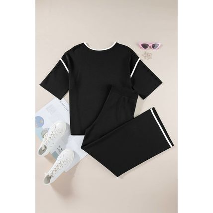 Black Contrast Trim Half Sleeve Top Drawstring Pants Loose 2pcs Sweater Suit