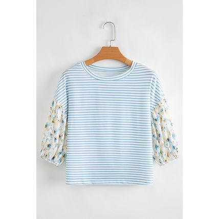 Sky Blue Stripe Floral Three Quarter Sleeves Patchwork Drop Shoulder Top