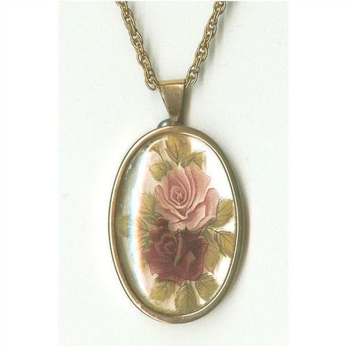 Pendant #008b oval rosy pink red roses 30 mm X 40 mm X 4 mm costume jewelry