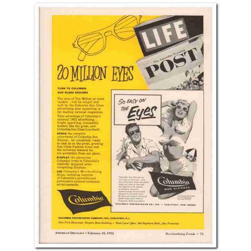 columbia protektosite company 1952 sun glasses million eyes vintage ad