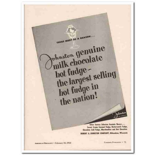 robert a johnston company 1952 milk chocolate hot fudge vintage ad