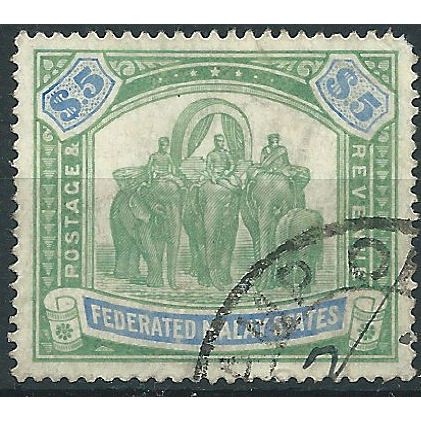 Federated Malay States 1908 SG50 $5 Green & Blue Fine Used ....