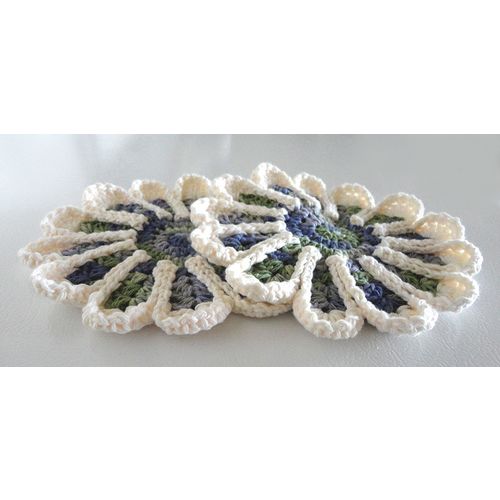 POT holders - hot pads mats set of 2 round blue green white hues 8 inches #001