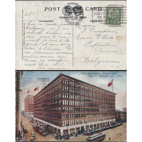 Canada Scroll Issue 1929 2 Cent Card Rate, Winnipeg MAN to Belgium, Due Markings