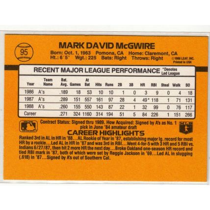 1989 Donruss Mark McGwire baseball card 95 - NM – Athletics A's