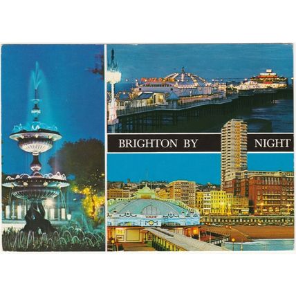 Constance postcard Brighton By Night multiview. Palace Pier, Victoria Fountain