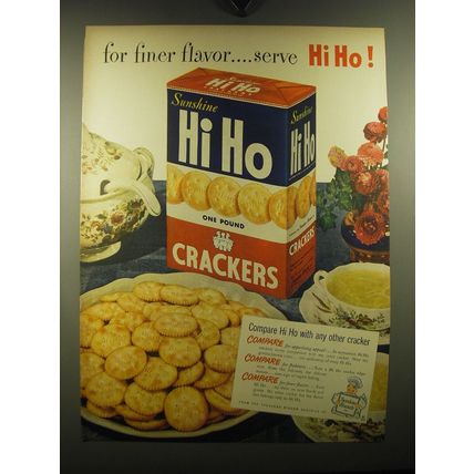 1949 Sunshine Hi Ho Crackers Ad - for finer flavor.. Serve Hi Ho