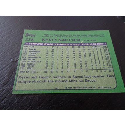 1982 Topps Card # 238A Kevin Saucier Excellent-Mint (6) Detroit Tigers