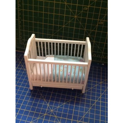 White Cot with Drawer Blue Star Bedding 1:12th Dolls House Miniature
