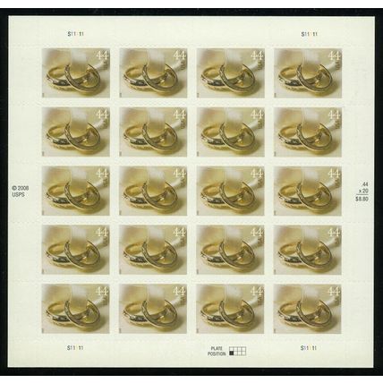 Wedding Rings Sheet of 20 44¢ Postage Stamps Scott 4397
