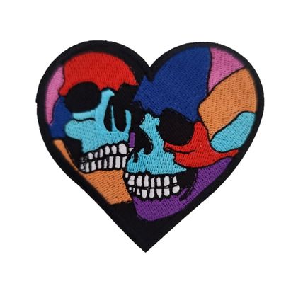 Skull Heart Iron On Patch Sew Badge Embroidered Patches Twin Skulls Bright P648