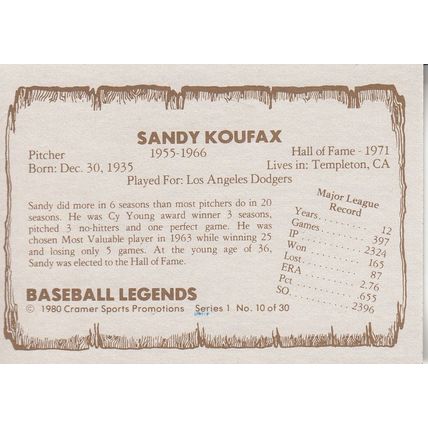 SANDY KOUFAX 1980 AUTOGRAPHED LOS ANGELES DODGERS HOF WORLD CHAMPION MVP PITCHER