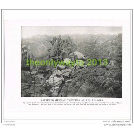 CAPTURED GERMAN TRENCHES AT LES ESPARGES, FRANCE, BOOK ILLUSTRATION c1914