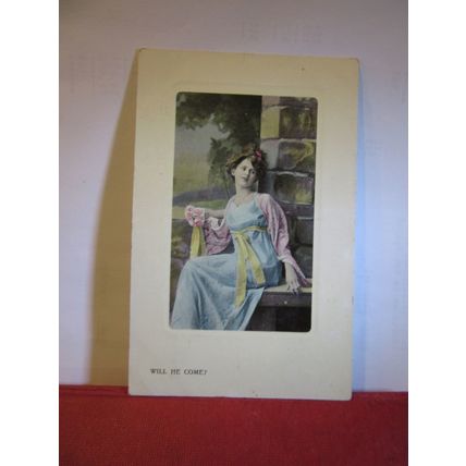'WILL HE COME?', ROMANCE used antique postcard by Woolstone Bros. 1911 pm =