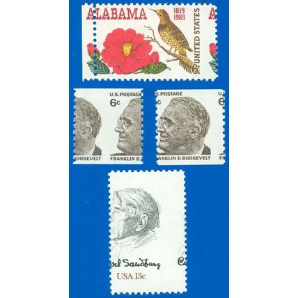 US Lot/4 Misperfed Stamps! Alabama, F. D. Roosevelt & Sandburg! EFO's! (SK)