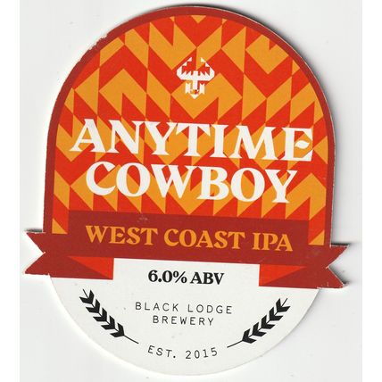 USED PUMP CLIP FRONT - BLACK LODGE BREWERY - ANYTIME COWBOY WEST COAST IPA