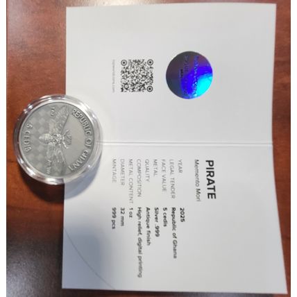 1 Oz Silver Collectible 2025 Ghana Memento Mori Pirate UHR COA Mintage Of 999