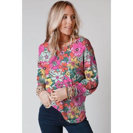 Multicolor Twisted Hollow-out Back Floral Long Sleeve Top