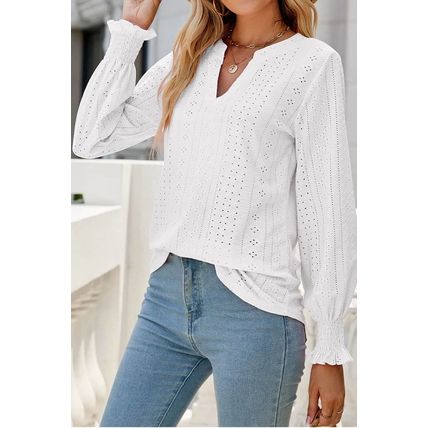 White Split Neck Textured Loose Blouse
