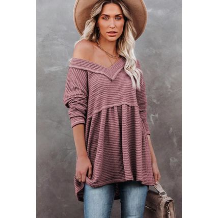 Pink Waffle Knit V Neck Long Sleeve Babydoll Top