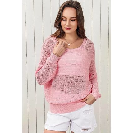 Pink Knitted Eyelets Round Neck Long Sleeve Top