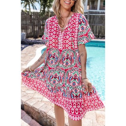 Pink Bohemian Print Tie Neck Ruffle Hem Short Dress