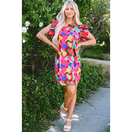 Rose Red Abstract Print Ruffle Sleeve Shift Dress