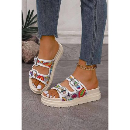 White Crochet Cut Out Buckle Strap Thick Sole Slippers