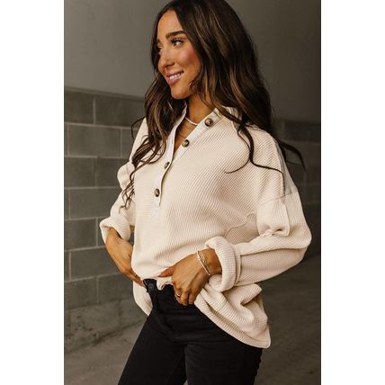 Jet Stream Waffle Long Sleeve Collar Half Button Loose Top