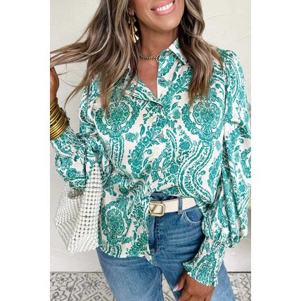 Green Paisley Print Smocked Cuff Buttoned Loose Shirt