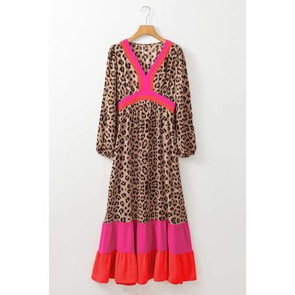 Brown Leopard Color Block V Neck Loose Fit Maxi Dress