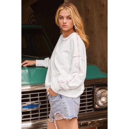 White Contrast Rainbow Trim Drop Shoulder Pullover Sweatshirt