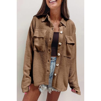 Dark Khaki Solid Color Corduroy Buttoned Long Sleeve Shacket