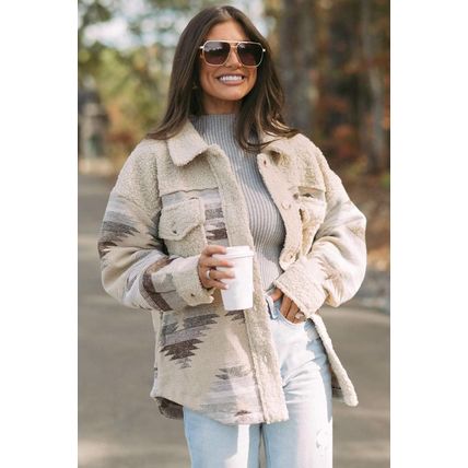 Khaki Western Aztec Print Sherpa Splicing Buttoned Flap Pocket Coat
