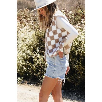Khaki Checkered Sherpa Collared Jacket Vest