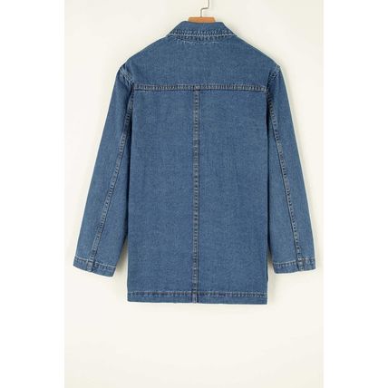 Sail Blue Side Pockets Lapel Collar Denim Jacket