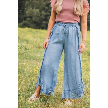 Myosotis Light Wash Raw Hem Ruffled Wide Leg Jeans