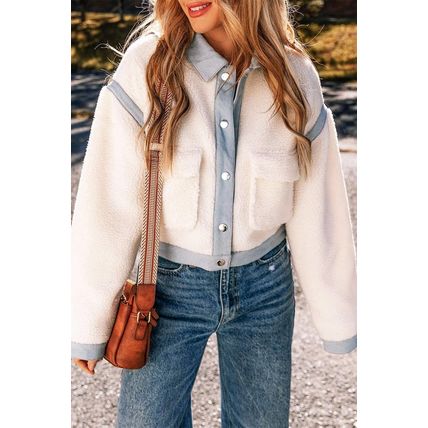 White Contrast Trim Buttoned Sherpa Jacket