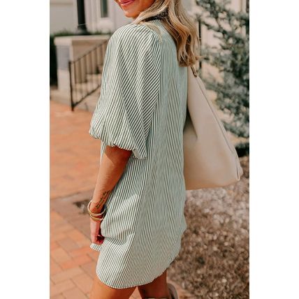 Green Patch Pockets Button Down Short Puff Sleeve Dress