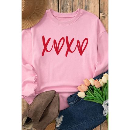 Pink Heart XOXO Graphic Crewneck Drop Shoulder Valentines Sweatshirt