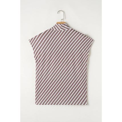 Chestnut Striped Stand V Neck Short Sleeve Blouse