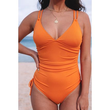 Orange Adjustable Straps Ribbed Knit One Piece Swimsuit