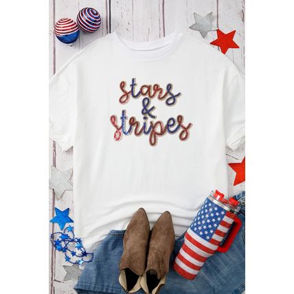 White Sequin stars & stripes Graphic Drop Shoulder Loose T Shirt