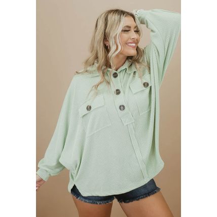 Green Plus Size Ribbed Pocketed Long Sleeve Henley Top